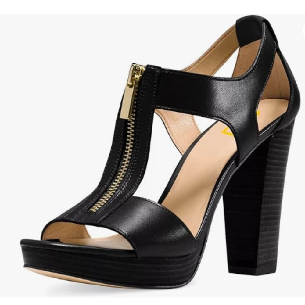 FSJ Black Peep Open Toe T-Strap Front Zipper Chunky Stacked High Heel Sandal